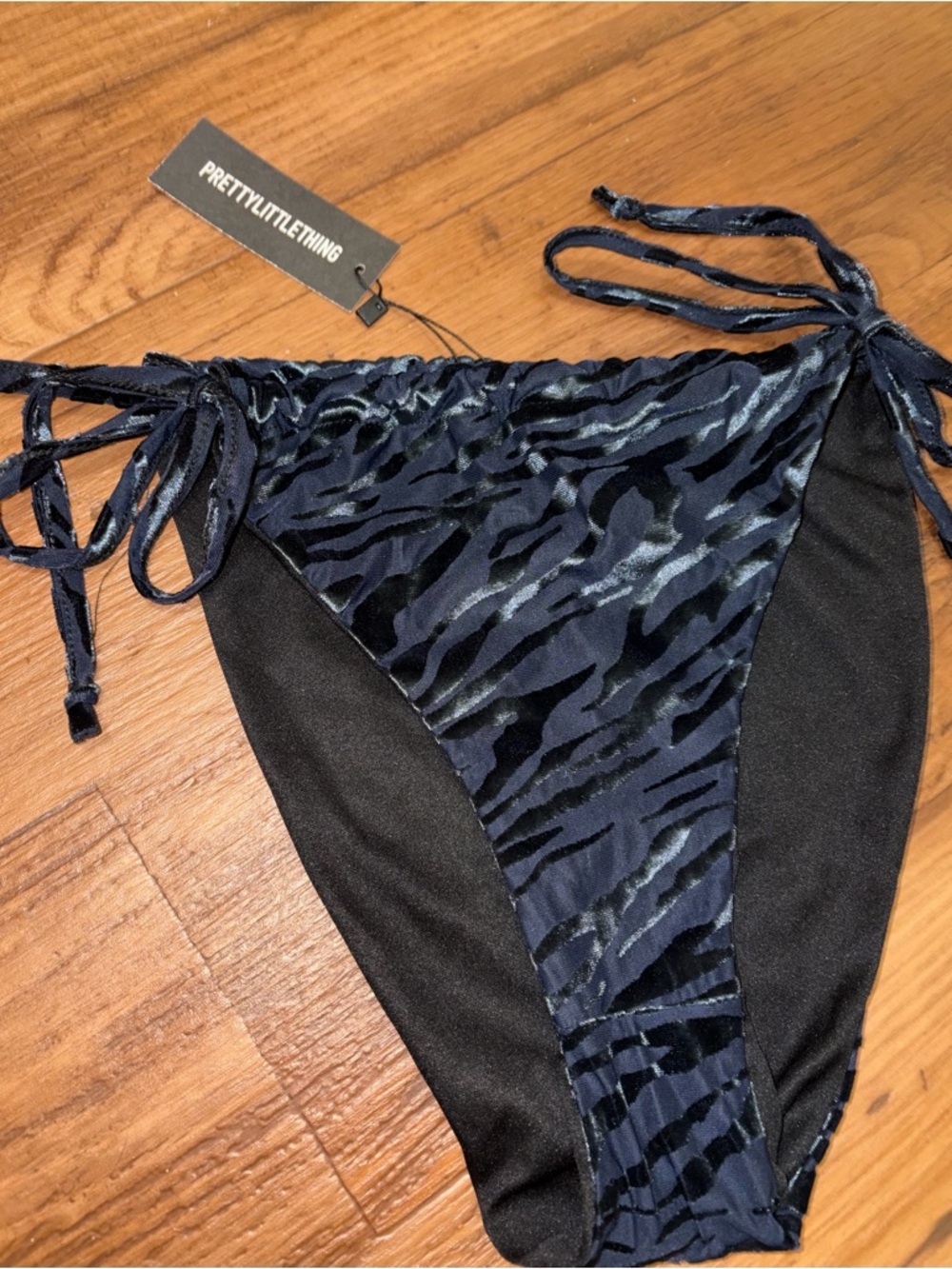 PrettyLittleThing Navy and Black Velvet Animal Print high cut Bikini Bottoms